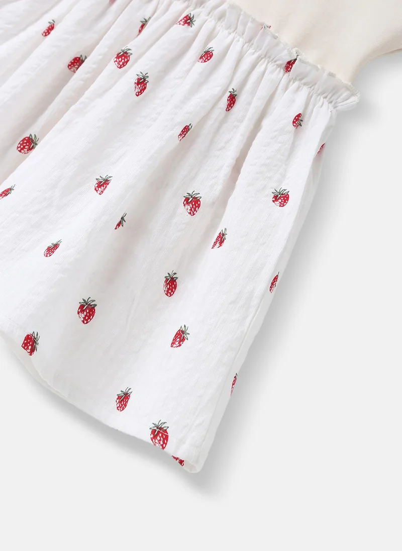Nautinati Girls’ Cotton Dress | Strawberry Print |Rabit Badge | 3-24 Months