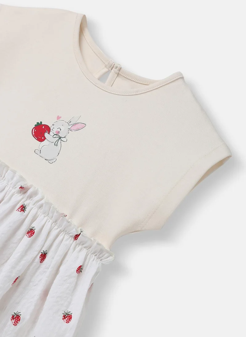 Nautinati Girls’ Cotton Dress | Strawberry Print |Rabit Badge | 3-24 Months
