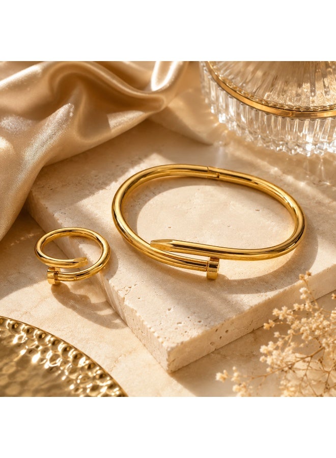 Gold Stainless Steel Open Cuff Bracelet and Ring Set for Women, Adjustable Matching Jewelry Set, 2  Pieces - Image 4