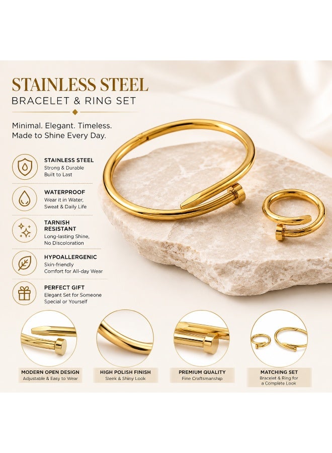 Gold Stainless Steel Open Cuff Bracelet and Ring Set for Women, Adjustable Matching Jewelry Set, 2  Pieces - Image 2
