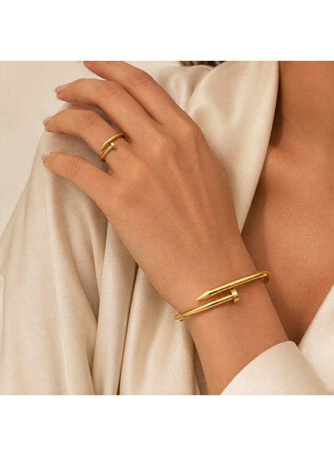 Gold Stainless Steel Open Cuff Bracelet and Ring Set for Women, Adjustable Matching Jewelry Set, 2  Pieces - Image 3