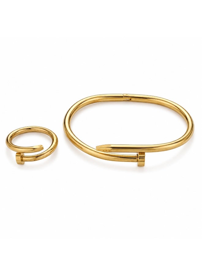 Gold Stainless Steel Open Cuff Bracelet and Ring Set for Women, Adjustable Matching Jewelry Set, 2  Pieces - Image 1