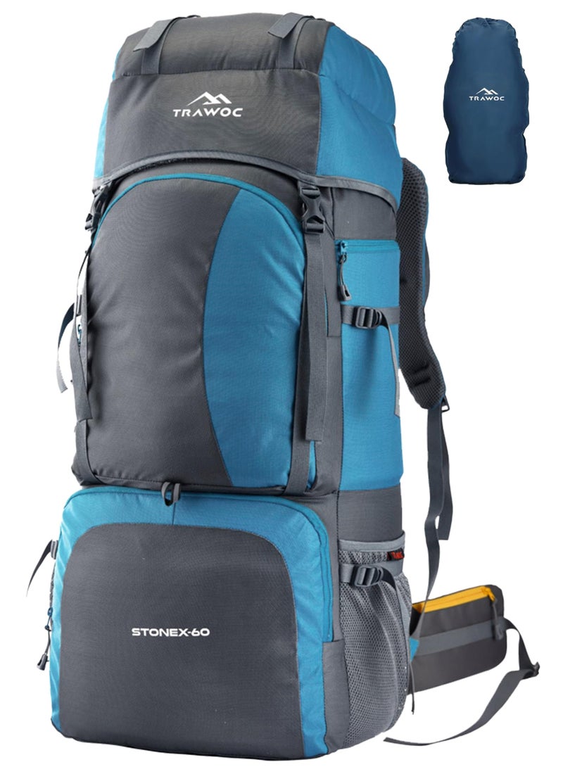TRAWOC Stonex 60L Travel Backpack for Men & Women | Trekking & Hiking Rucksack with Laptop Sleeve, Rain Cover, YKK Zippers, Padded Hip Belt, Water-Resistant Fabric | 3 Year Warranty (HK001)-Skyblue - Image 1