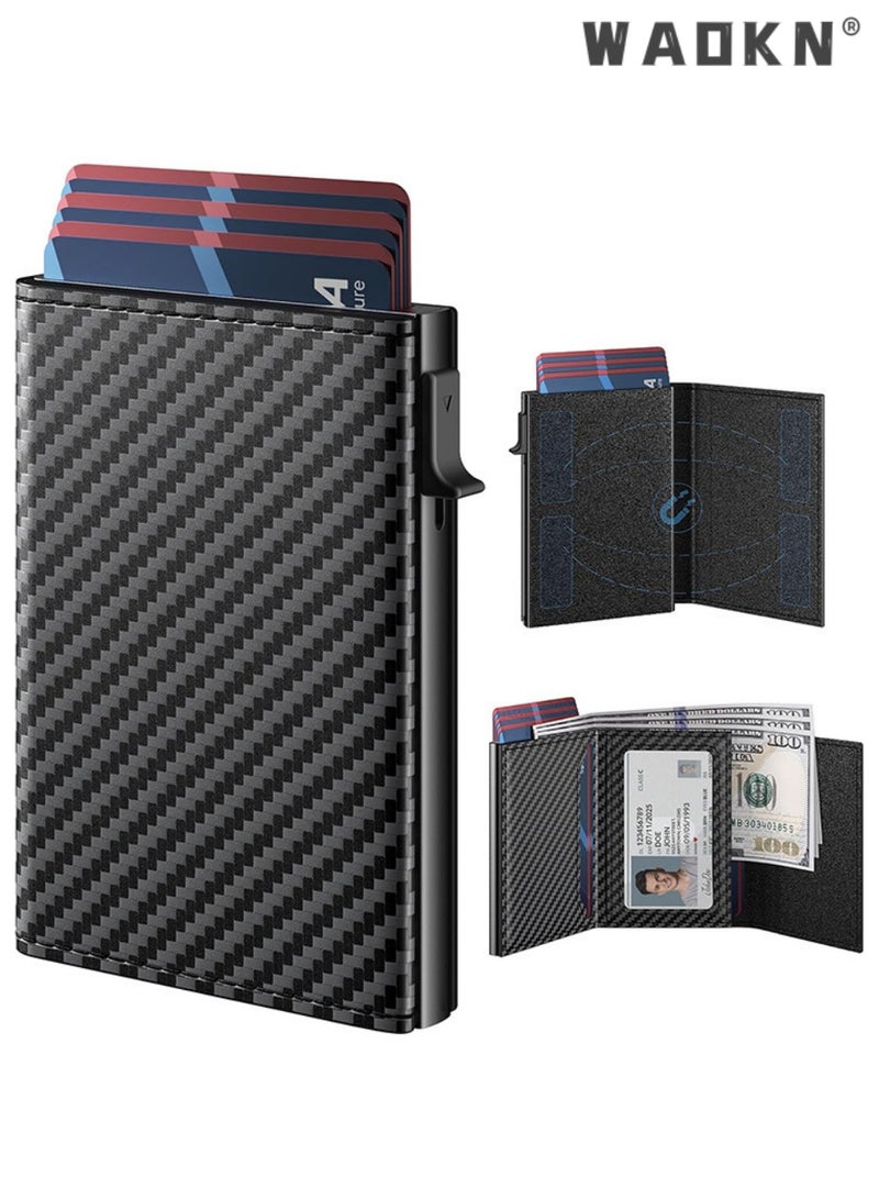 WAOKN Mens Tri-Fold Wallet Card Holder - Pop Up Card Case, Top Grain Leather, RFID Blocking, Slim, Minimalist, Ultra-Thin, Front Pocket, 12 Card Capacity | ID Window | Minimalist Business Wallet for Daily Travel（Carbon Fiber Black） - Image 1