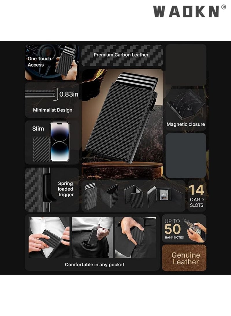 WAOKN Mens Tri-Fold Wallet Card Holder - Pop Up Card Case, Top Grain Leather, RFID Blocking, Slim, Minimalist, Ultra-Thin, Front Pocket, 12 Card Capacity | ID Window | Minimalist Business Wallet for Daily Travel（Carbon Fiber Black） - Image 2