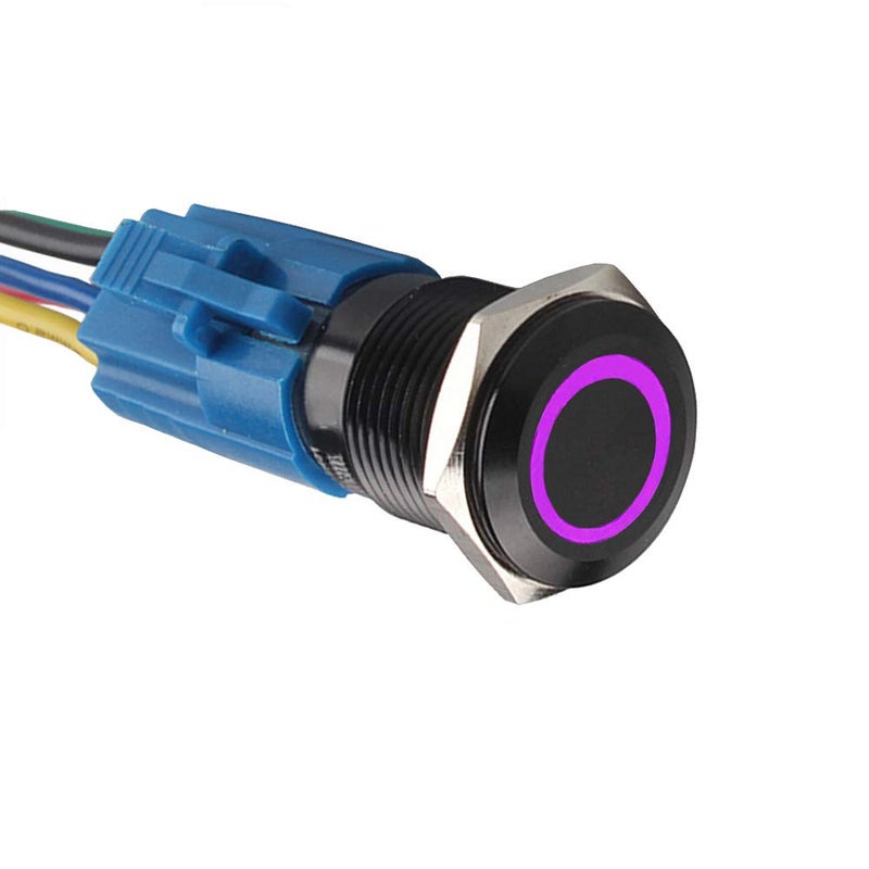 E Support™ 16mm 12V 3A Car Purple LED Light Angel Eye Metal Push Button Toggle Switch Socket Plug Latching Black Shell