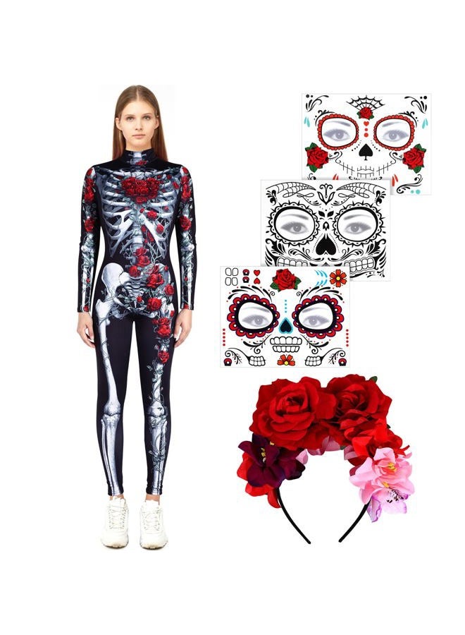Sintege Womens Halloween Costume Skeleton Jumpsuit Bodysuit Costume with Face Tattoos and Flower Crown Headband (M) - Image 1