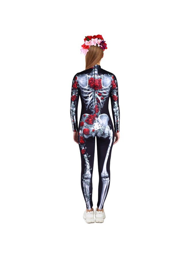 Sintege Womens Halloween Costume Skeleton Jumpsuit Bodysuit Costume with Face Tattoos and Flower Crown Headband (M) - Image 3