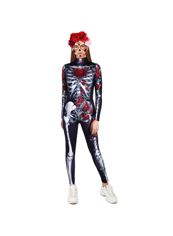 Sintege Womens Halloween Costume Skeleton Jumpsuit Bodysuit Costume with Face Tattoos and Flower Crown Headband (M) - Image 2