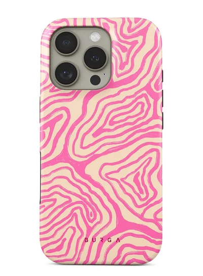 BURGA iPhone 16 Pro Case, 2 Piece Hard Shell + TPU Interior, Shock Absorption, All Port Accessible, Raised Bezel For Screen & Camera Protection, Never Fading HQ Print, Pink Shores