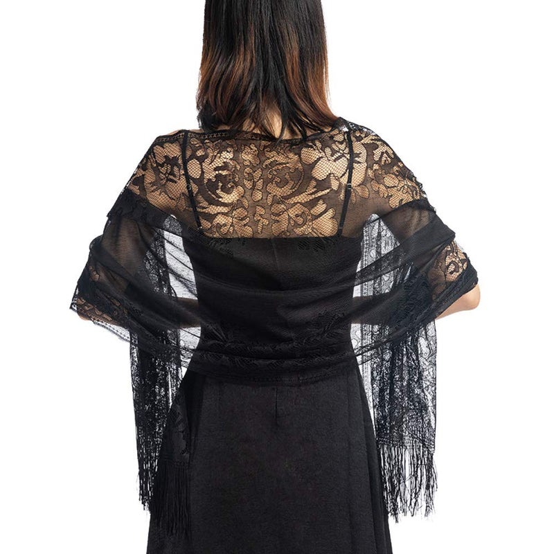 Ladiery Women's Floral Lace Shawl with Tassels, Soft Mesh Fringe Wraps for Wedding Evening Party Dresses - Image 1