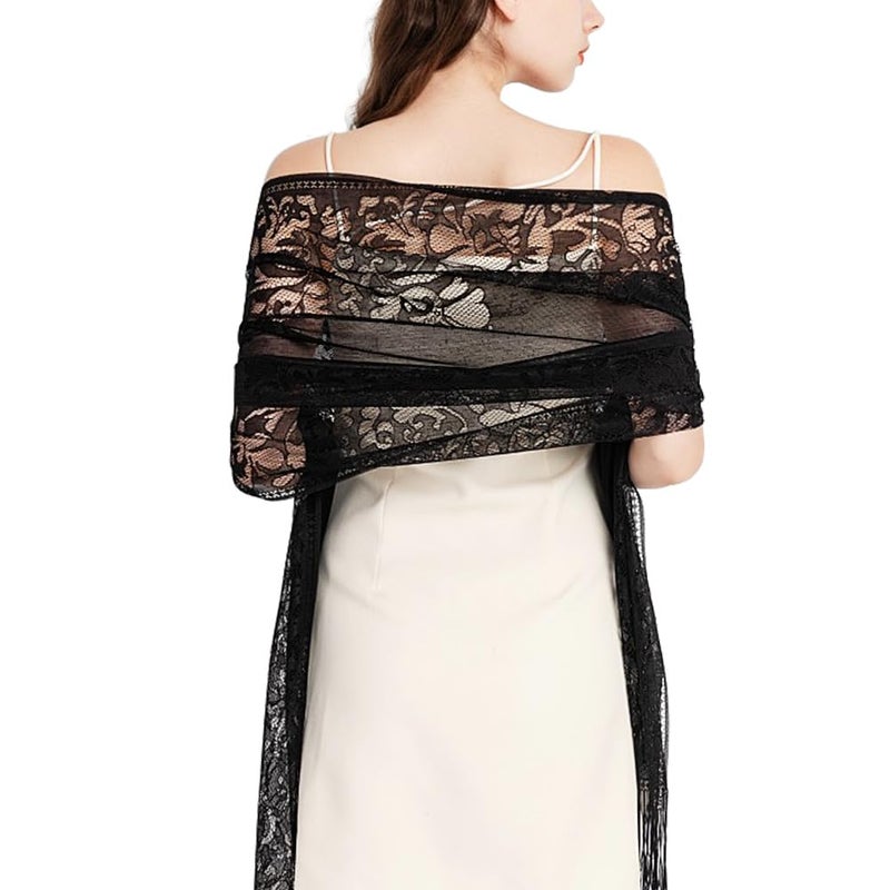 Ladiery Women's Floral Lace Shawl with Tassels, Soft Mesh Fringe Wraps for Wedding Evening Party Dresses - Image 4
