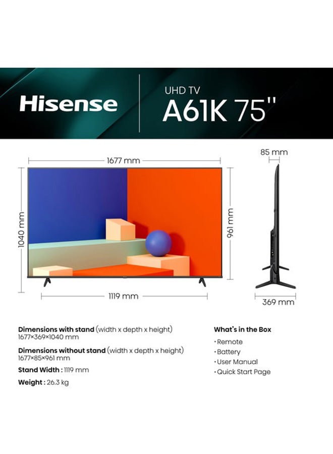 Hisense 4K Smart DLED Television 75 Inch (2023 Model) 75A61K Black - Image 2