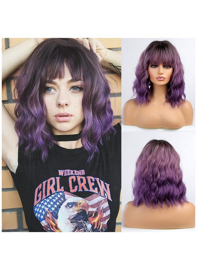 BERON Ombre Purple Short Wigs Curly Bob Wig With Bangs Ombre Color Wavy Hair Wigs Women'S Synthetic Wigs Daily Party Use  - Image 1