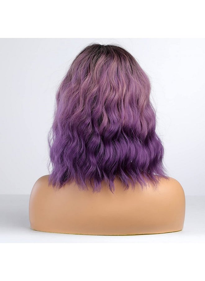 BERON Ombre Purple Short Wigs Curly Bob Wig With Bangs Ombre Color Wavy Hair Wigs Women'S Synthetic Wigs Daily Party Use  - Image 5