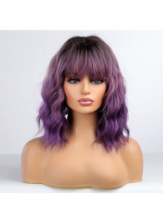 BERON Ombre Purple Short Wigs Curly Bob Wig With Bangs Ombre Color Wavy Hair Wigs Women'S Synthetic Wigs Daily Party Use  - Image 2