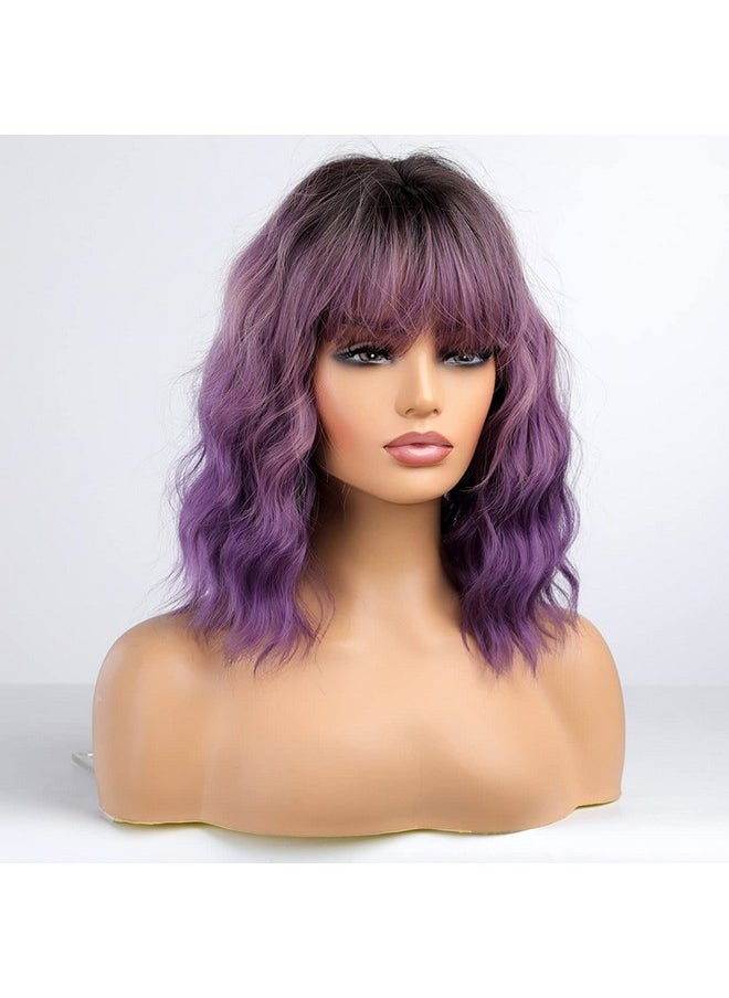 BERON Ombre Purple Short Wigs Curly Bob Wig With Bangs Ombre Color Wavy Hair Wigs Women'S Synthetic Wigs Daily Party Use  - Image 3