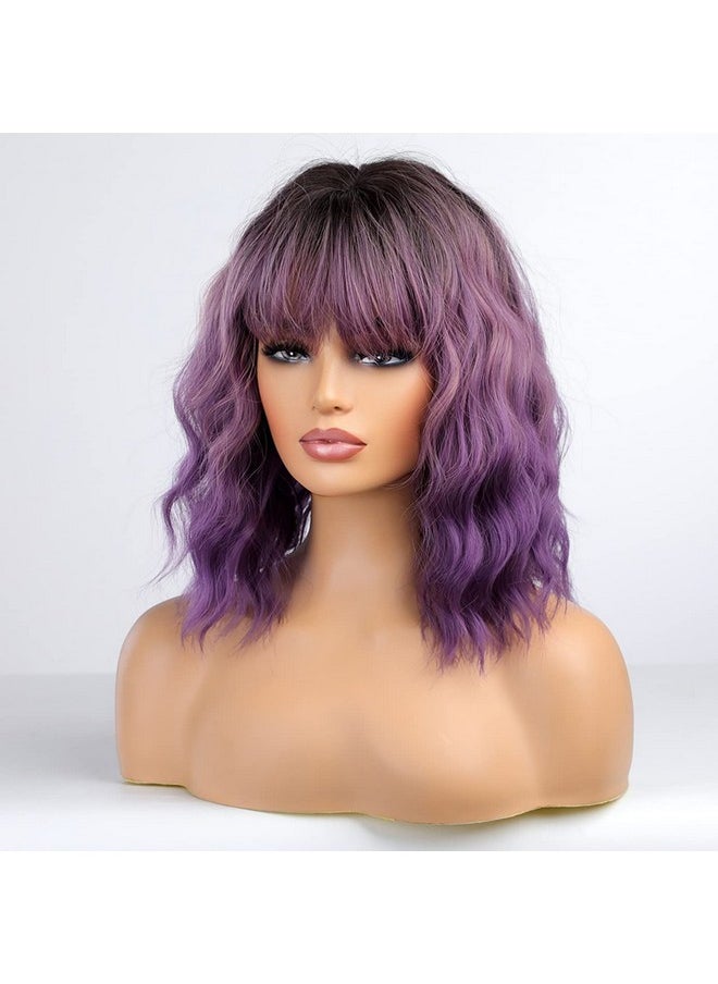 BERON Ombre Purple Short Wigs Curly Bob Wig With Bangs Ombre Color Wavy Hair Wigs Women'S Synthetic Wigs Daily Party Use  - Image 4