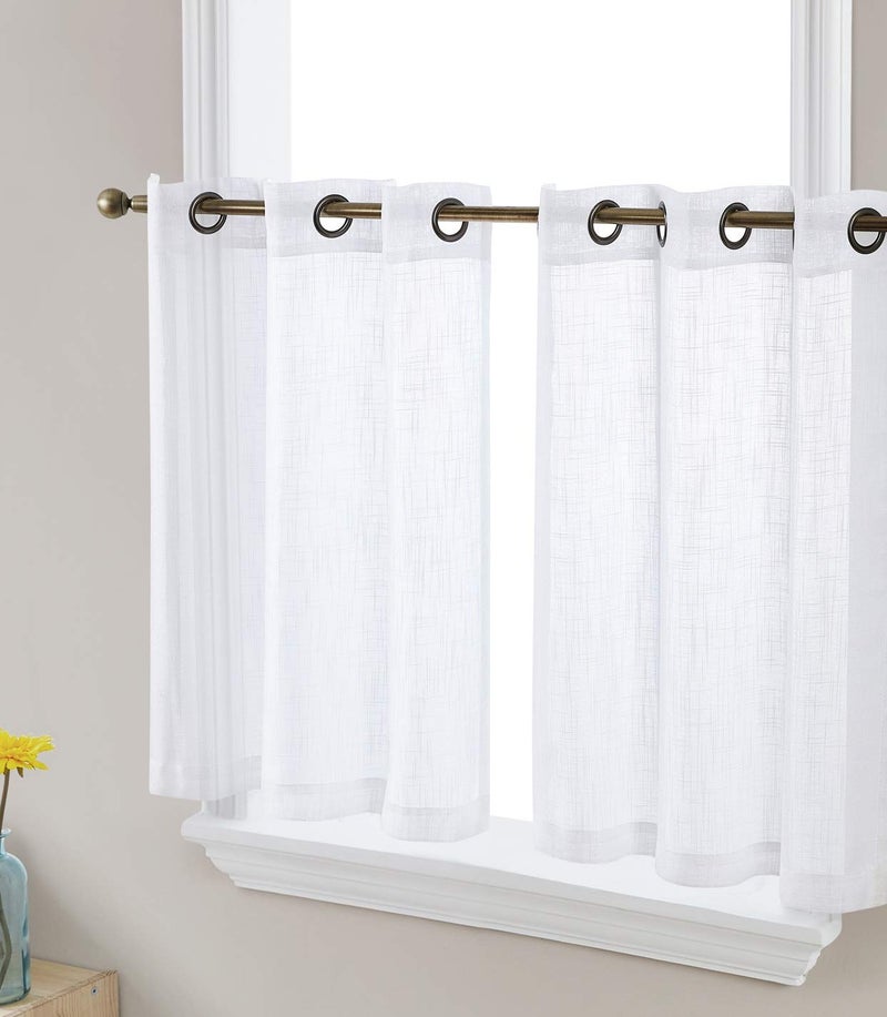 HLC.ME HLCME Abbey Faux Linen Textured Semi Sheer Privacy Light Filtering Transparent Grommet Short Thick Cafe Curtain Tiers for Small Windows Kitchen  Bathroom Set of 2 35 W x 24 L White