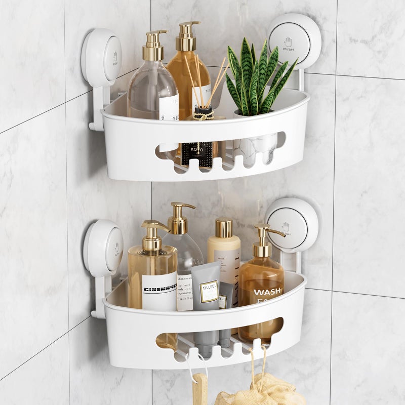 LEVERLOC Corner Shower Caddy Suction Cup shower shelves suction cup 2 Pack Basket Powerful Bathroom Waterproof  Oilproof Organizer for Kitchen NoDrilling Removable