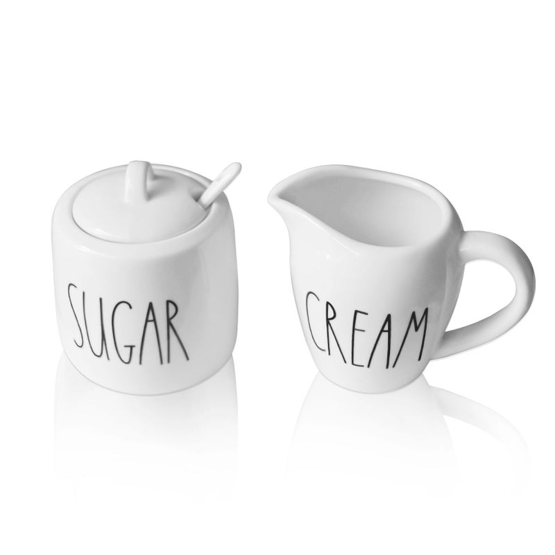 CHONIC Sugar and Creamer Set Cream Container and Sugar Holder Set for Coffee Bar Farmhouse Sugar Bowl with Lid and Spoon Ceramic Sugar Dispenser and Creamer Pitcher Set for Countertop White