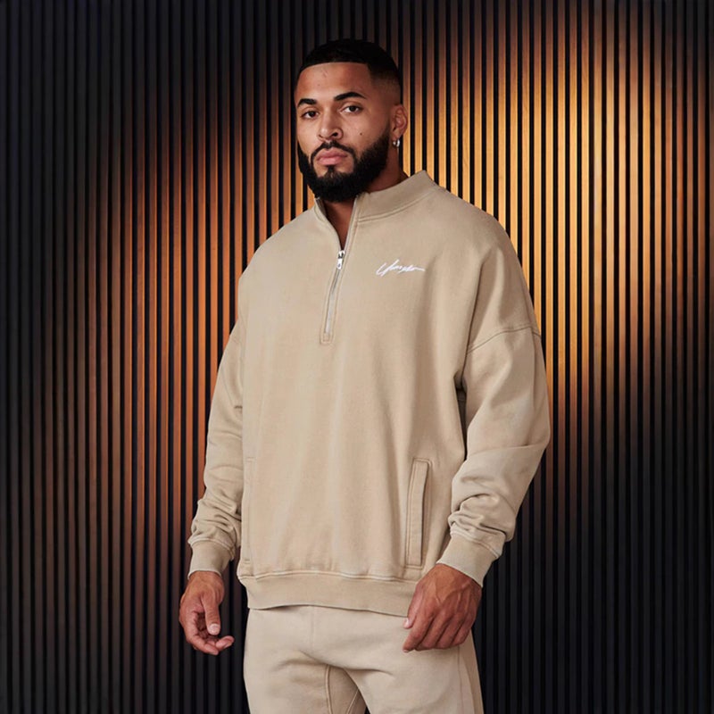 Cross-border new YOUNGLA stand collar half zipper pullover sweater mens fitness sports training clothes mens loose coat Black - Image 5