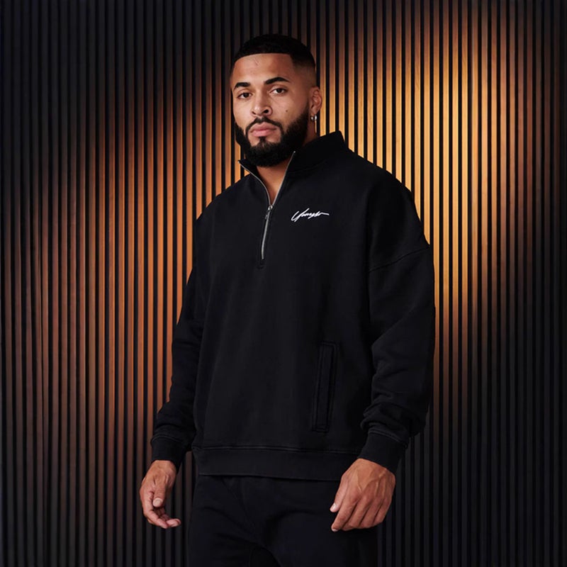 Cross-border new YOUNGLA stand collar half zipper pullover sweater mens fitness sports training clothes mens loose coat Black - Image 2