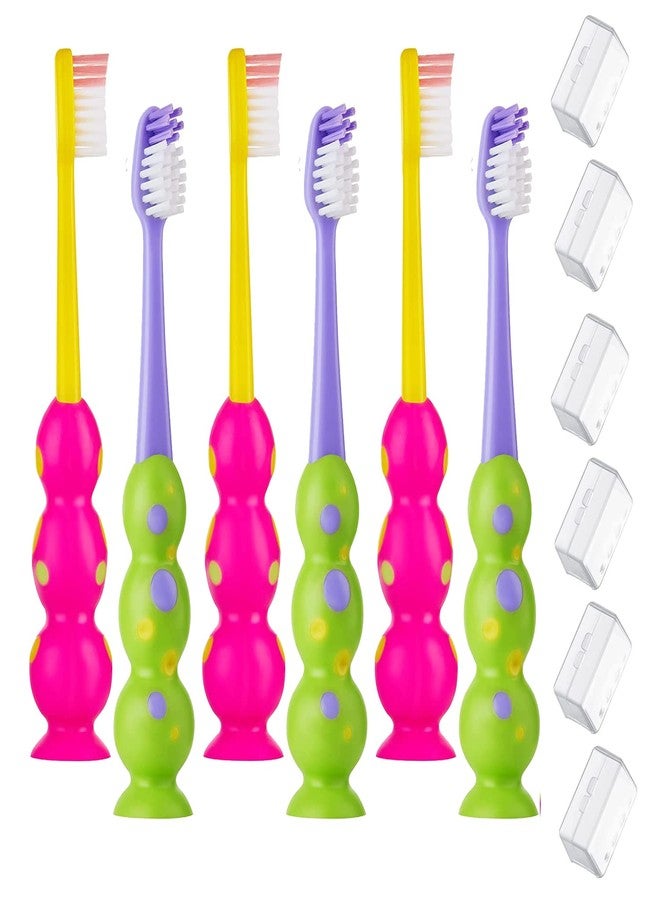 Trueocity Kids Toothbrush 6 Pack - Soft Contoured Bristles - Child Sized Brush Heads (3-10 Year Old) - Suction Cup for Fun & Easy Storage - Girl & Boy Set (6-Pack, Green & Pink) - Image 1