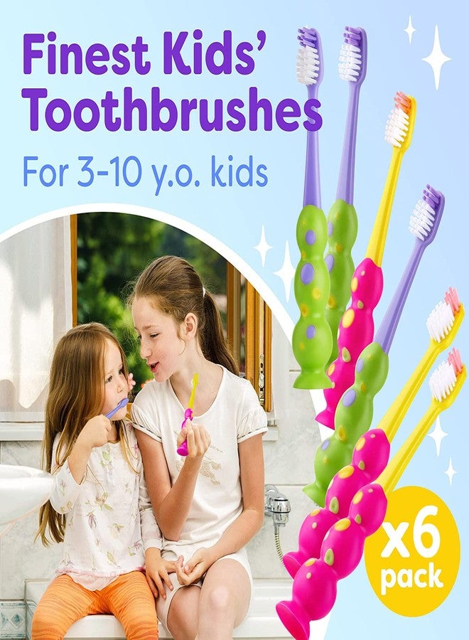 Trueocity Kids Toothbrush 6 Pack - Soft Contoured Bristles - Child Sized Brush Heads (3-10 Year Old) - Suction Cup for Fun & Easy Storage - Girl & Boy Set (6-Pack, Green & Pink) - Image 2