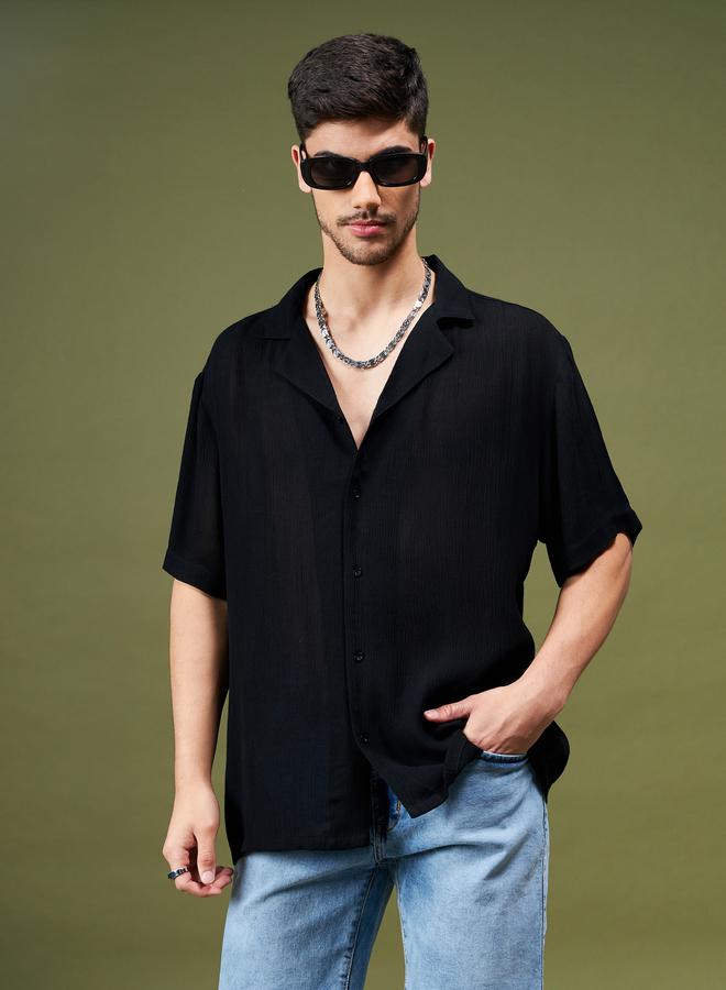 SASSAFRAS Unisex Black Plain Camp Collar Relaxed Fit Shirt - Image 5