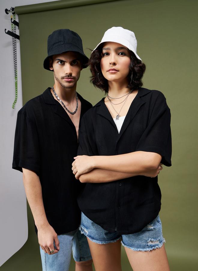SASSAFRAS Unisex Black Plain Camp Collar Relaxed Fit Shirt - Image 3