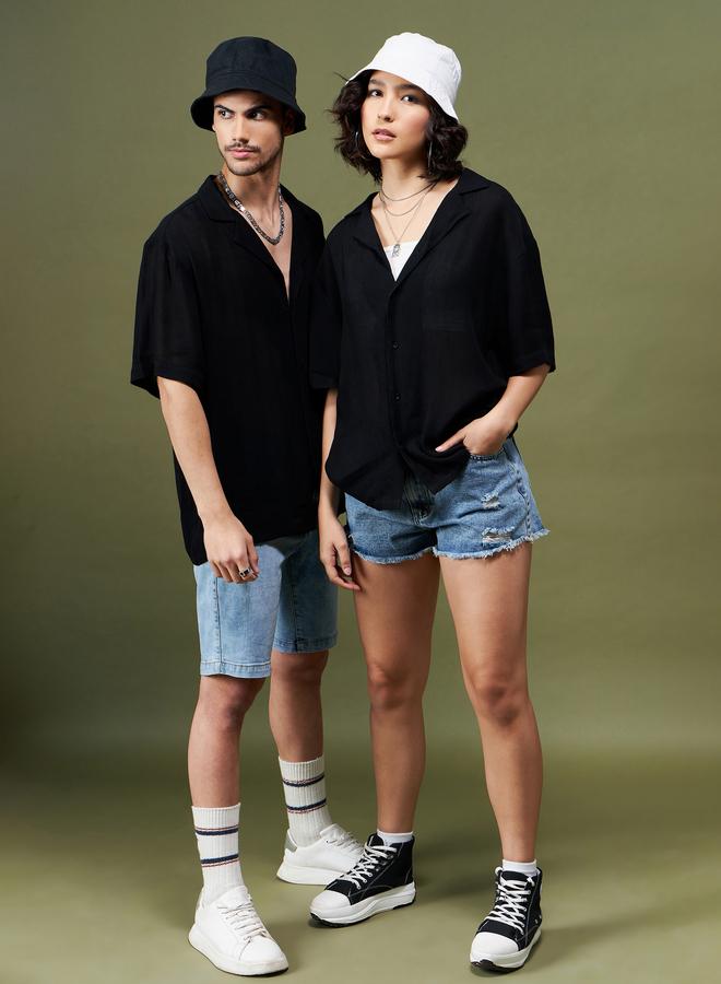 SASSAFRAS Unisex Black Plain Camp Collar Relaxed Fit Shirt - Image 2