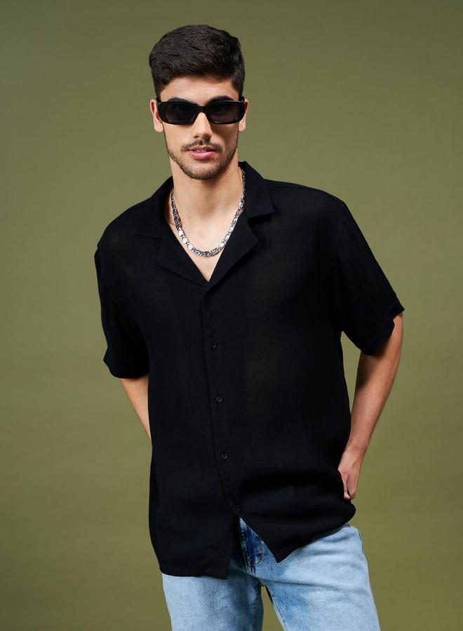 SASSAFRAS Unisex Black Plain Camp Collar Relaxed Fit Shirt - Image 1