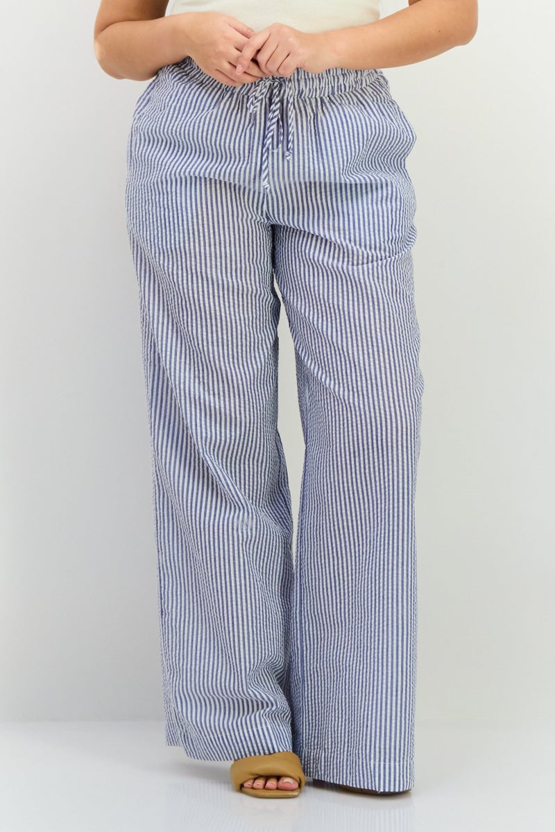 NIA Women Regular Fit Stripe Straight Leg Pants, Blue - Image 1