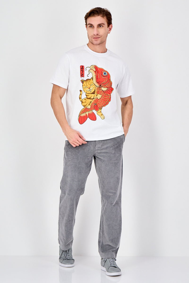 YOTO Men Crew Neck Graphic Print Short Sleeve T-Shirt, White - Image 4