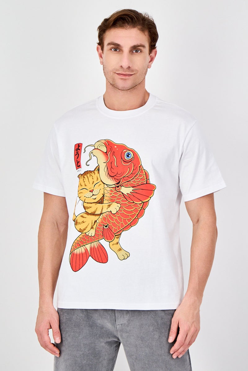 YOTO Men Crew Neck Graphic Print Short Sleeve T-Shirt, White - Image 1