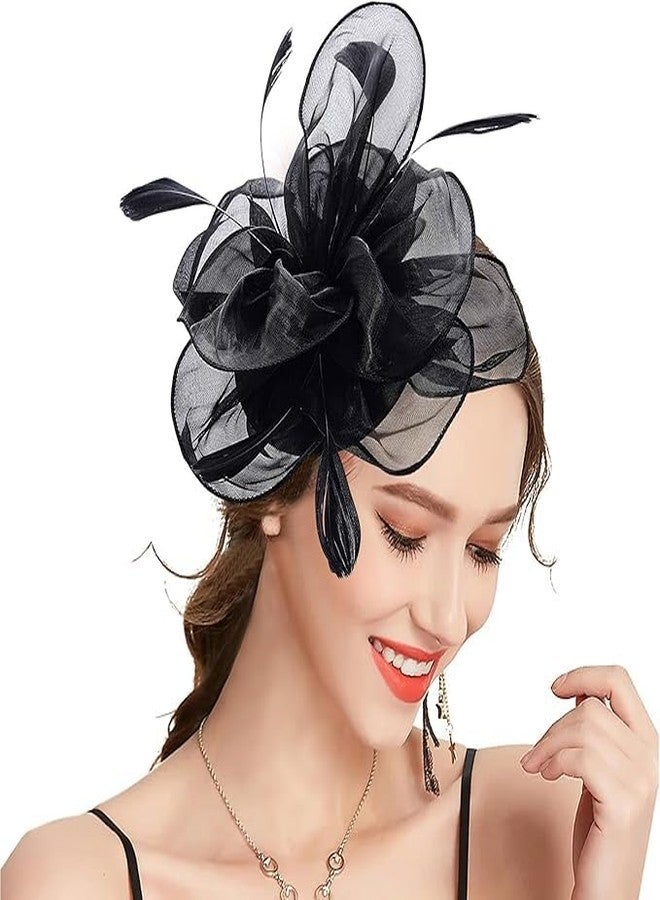 Alexvyan Black Fascinator Hairband for Women Flower Mesh organza Feathers Headband Cocktail, Tea Party Headwear Vintage Ladies Hair Clip and Band Fascinators - Image 1