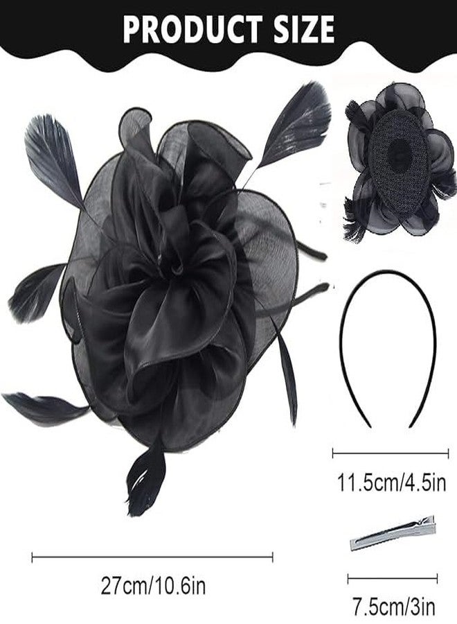 Alexvyan Black Fascinator Hairband for Women Flower Mesh organza Feathers Headband Cocktail, Tea Party Headwear Vintage Ladies Hair Clip and Band Fascinators - Image 3