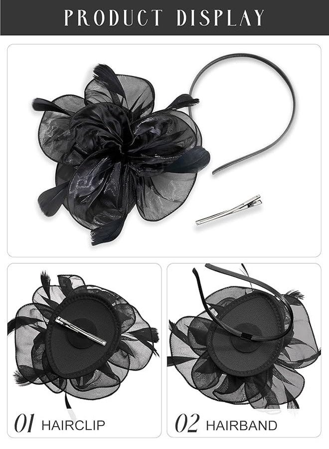 Alexvyan Black Fascinator Hairband for Women Flower Mesh organza Feathers Headband Cocktail, Tea Party Headwear Vintage Ladies Hair Clip and Band Fascinators - Image 2