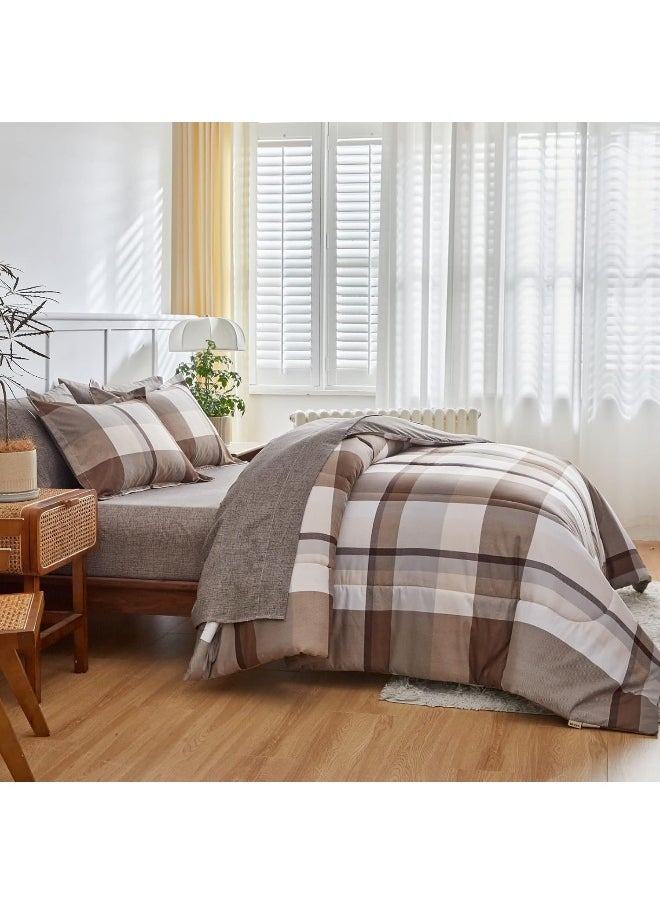 Generic AIKASY Bed in a Bag 6 Piece Twin Size, Brown Plaid Design Soft Microfiber Reversible Bed Comforter Set for All Season  - Image 3