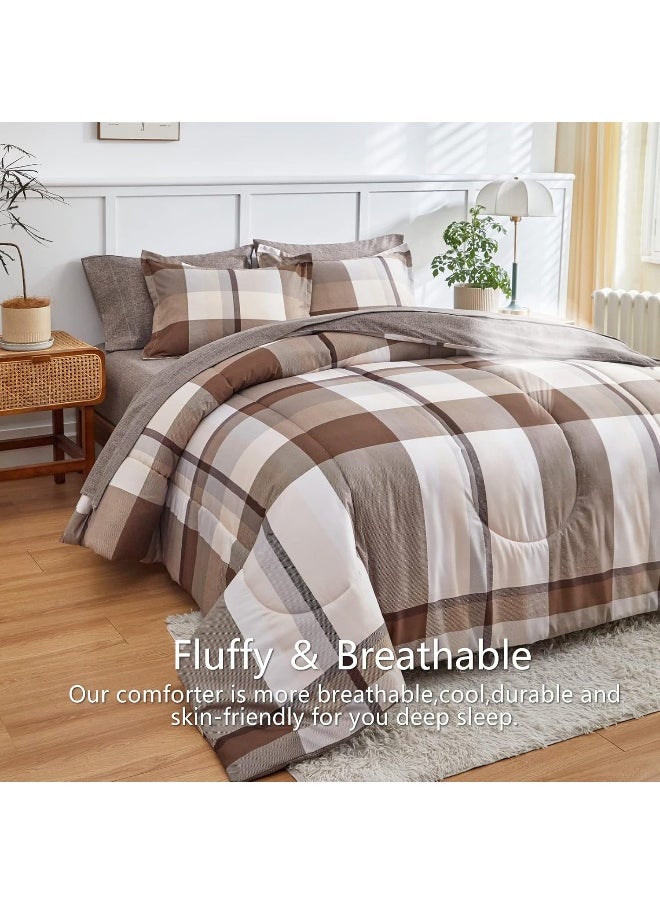 Generic AIKASY Bed in a Bag 6 Piece Twin Size, Brown Plaid Design Soft Microfiber Reversible Bed Comforter Set for All Season  - Image 4