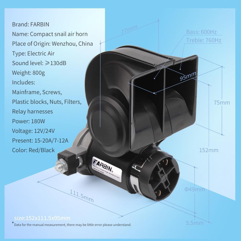 FARBIN Air Horn for Truck,Compact Train Horn,Electric Car Horn 12V 150db Super Loud with Wiring Harness and Push Button Switch for Any 12V Vehicles - Image 5