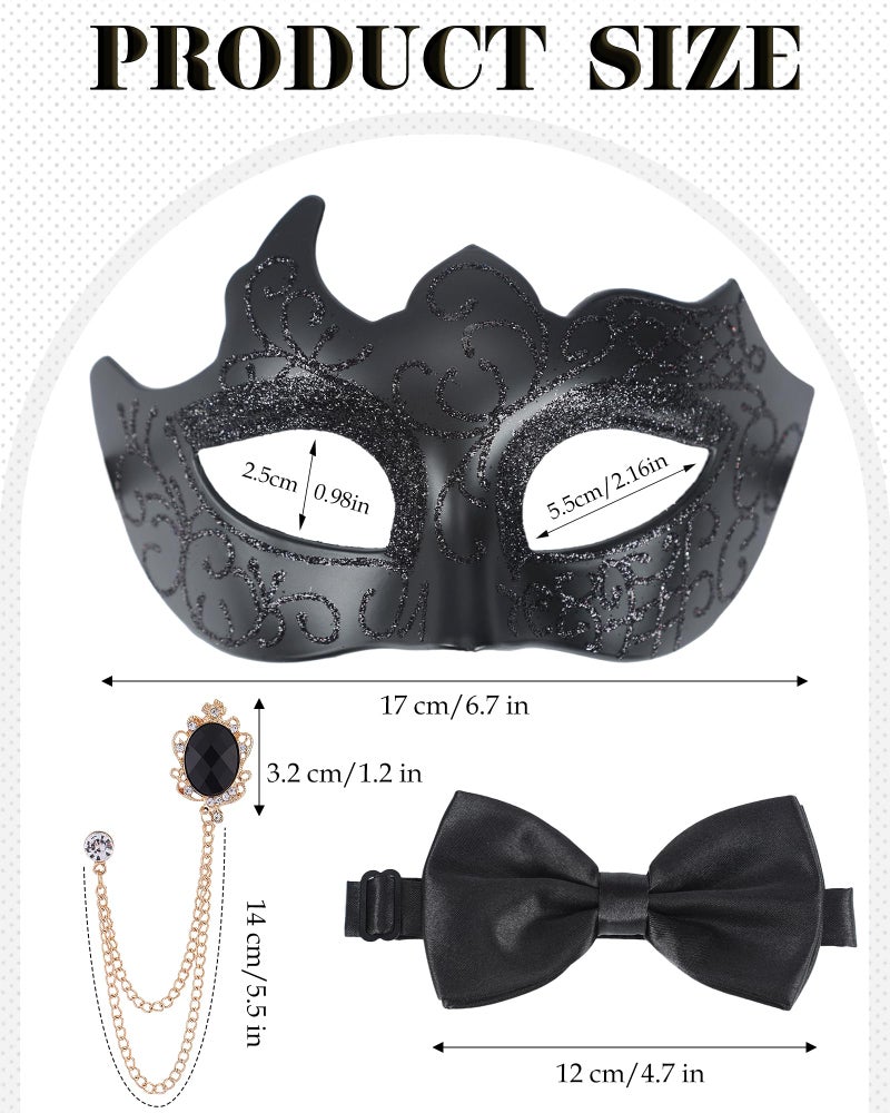 Zinniday 3 Pcs Masquerade Mask for Men, Black Opera Venetian Mask Set with Rhinestone Brooch Bowtie, Opera Half Face Masks Kit for Halloween Renaissance Carnival Party Accessory - Image 5