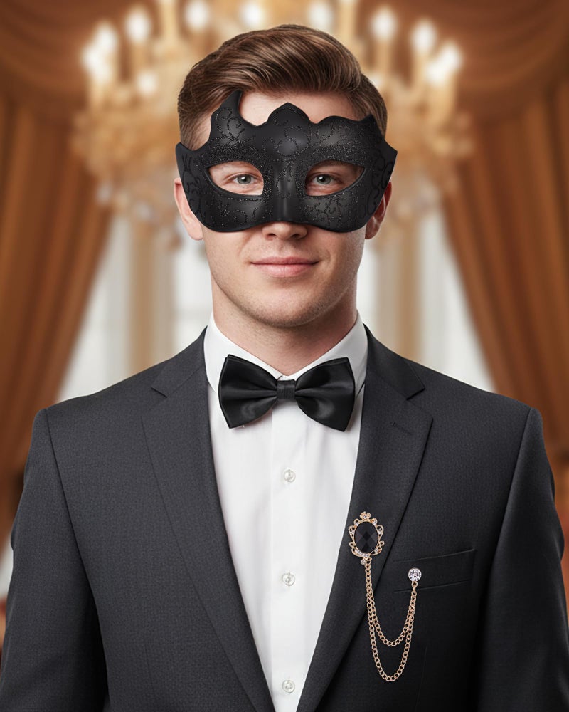 Zinniday 3 Pcs Masquerade Mask for Men, Black Opera Venetian Mask Set with Rhinestone Brooch Bowtie, Opera Half Face Masks Kit for Halloween Renaissance Carnival Party Accessory - Image 2
