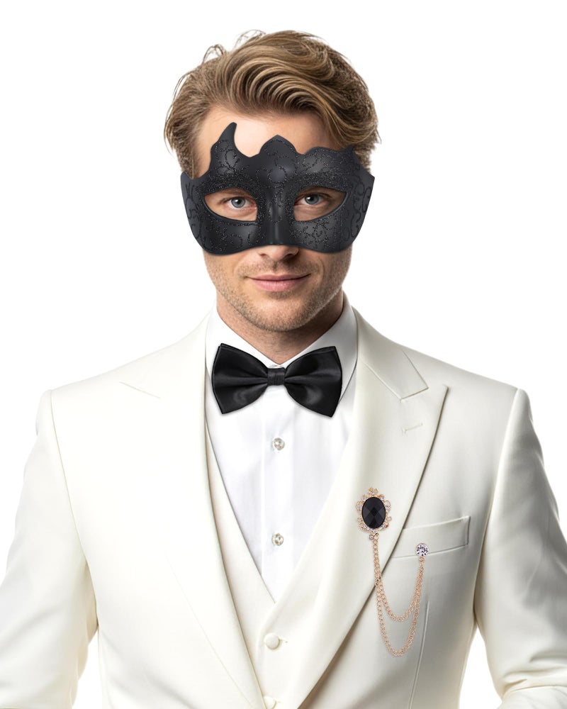 Zinniday 3 Pcs Masquerade Mask for Men, Black Opera Venetian Mask Set with Rhinestone Brooch Bowtie, Opera Half Face Masks Kit for Halloween Renaissance Carnival Party Accessory - Image 1