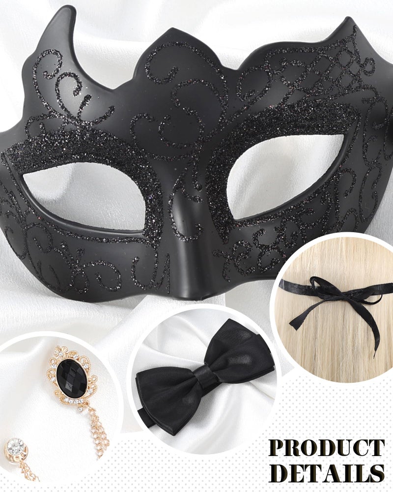 Zinniday 3 Pcs Masquerade Mask for Men, Black Opera Venetian Mask Set with Rhinestone Brooch Bowtie, Opera Half Face Masks Kit for Halloween Renaissance Carnival Party Accessory - Image 4