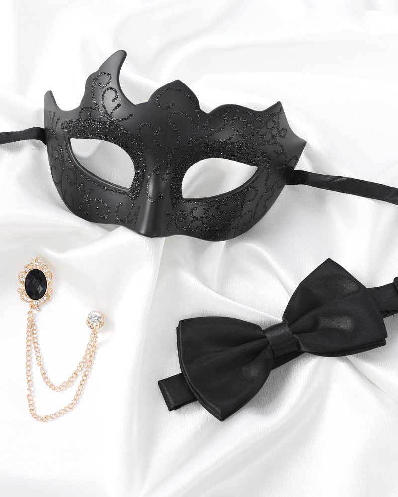 Zinniday 3 Pcs Masquerade Mask for Men, Black Opera Venetian Mask Set with Rhinestone Brooch Bowtie, Opera Half Face Masks Kit for Halloween Renaissance Carnival Party Accessory - Image 3