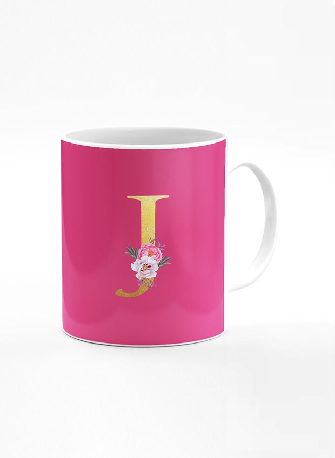 Stylizedd Designer Printed Coffee Mug 11oz Ceramic Personalised Gift Mugs Cup -Custom Monogram Initial Letter Floral Pattern Alphabet - J (Dark Pink Rose) - Image 1