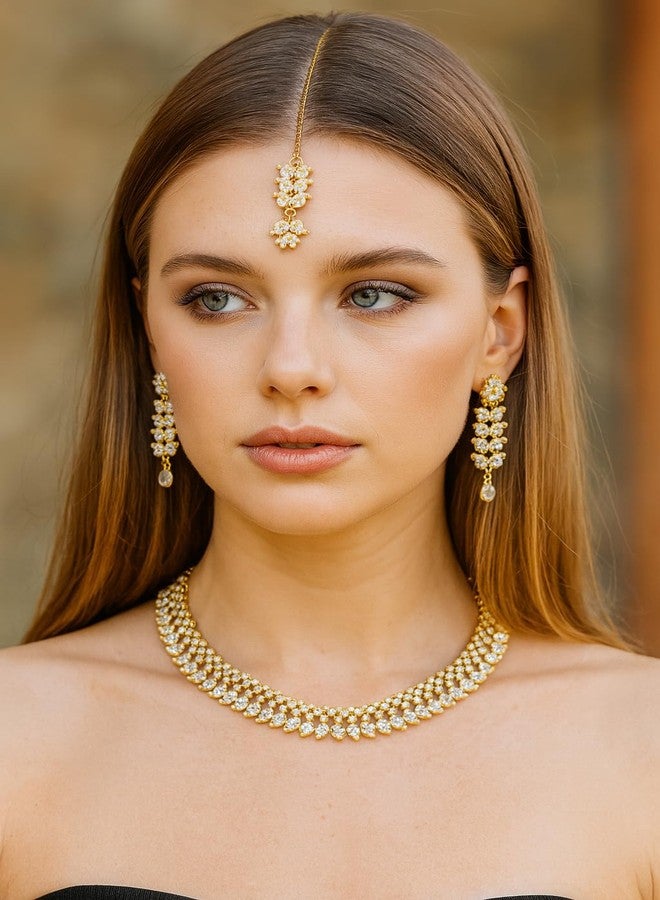 Touchstone Indian wedding jewelry set gold traditional necklaces for women statement rhinestone sets hollywood glamour style crystal stone bridal costume golden necklace, Rhinestone, No Gemstone - Image 2