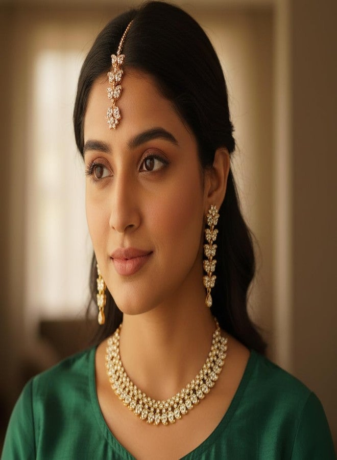 Touchstone Indian wedding jewelry set gold traditional necklaces for women statement rhinestone sets hollywood glamour style crystal stone bridal costume golden necklace, Rhinestone, No Gemstone - Image 4